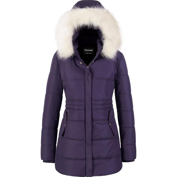 Women's Snow Puffer Jacket Coats Dark Purple Waterproof Removable Faux Trim Hood